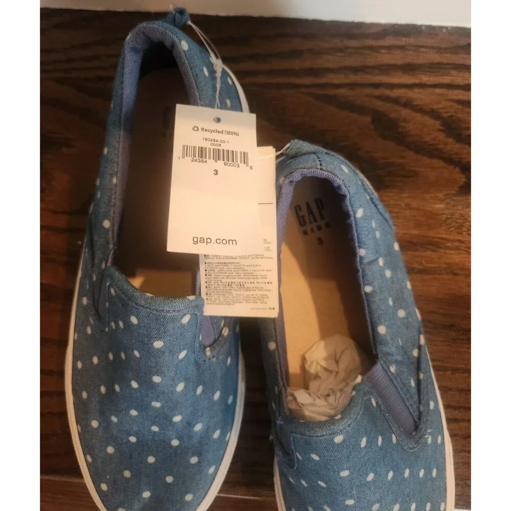 NEW 2 Pairs GAP Kids Girls Slip-on Sneakers Blue Denim Polka Dot Print-5 & 3